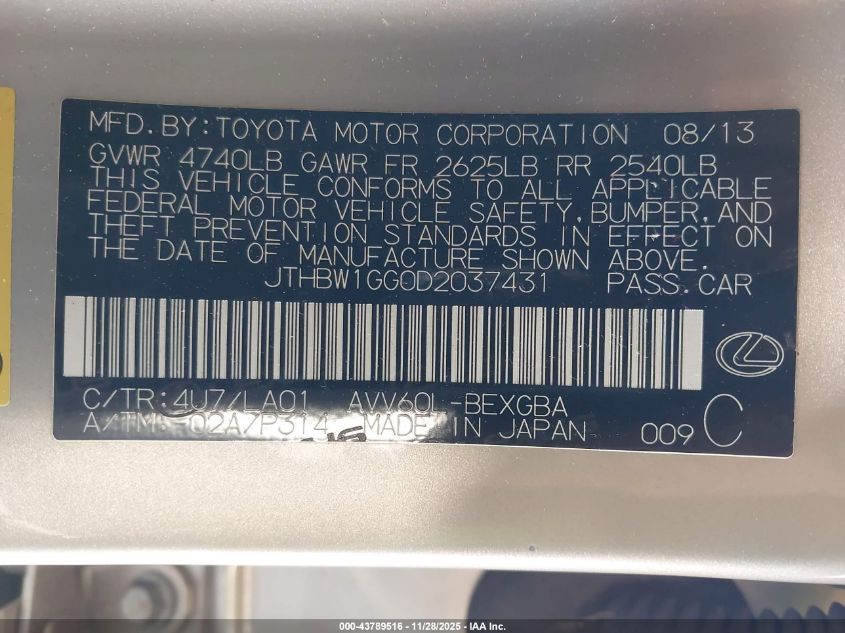 2013 Lexus Es 300H VIN: JTHBW1GG0D2037431 Lot: 43789516