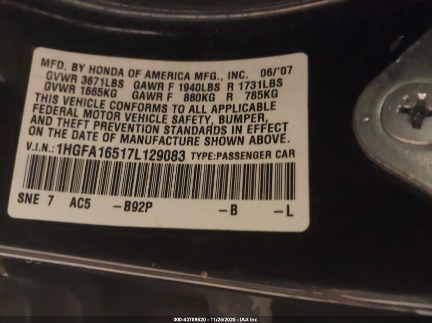 2007 Honda Civic Lx VIN: 1HGFA16517L129083 Lot: 43789520