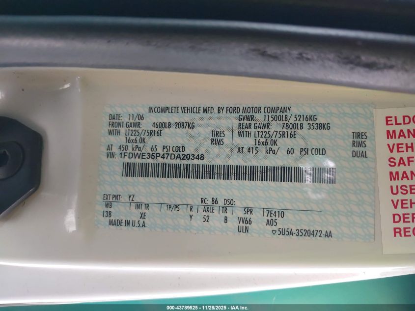 2007 Ford E-350 Cutaway VIN: 1FDWE35P47DA20348 Lot: 43789525