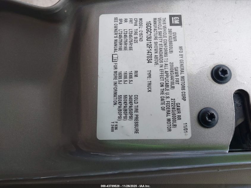 2002 Chevrolet Silverado 1500Hd Ls VIN: 1GCGC13U12F147034 Lot: 43789528