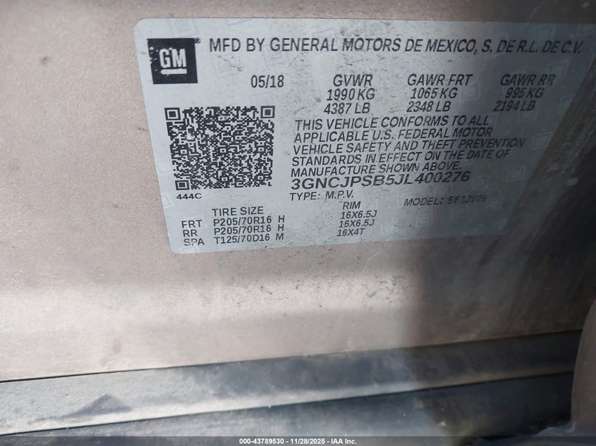 3GNCJPSB5JL400276 2018 CHEVROLET TRAX photo no. 9