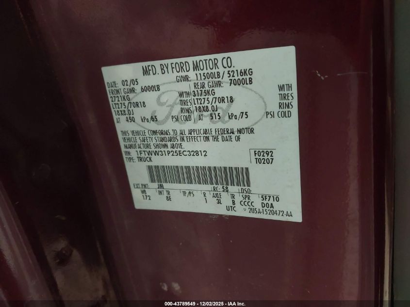 2005 Ford F-350 Lariat/Xl/Xlt VIN: 1FTWW31P25EC32812 Lot: 43789549