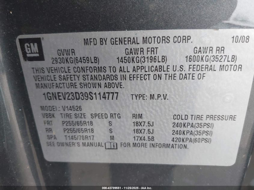 2009 Chevrolet Traverse Lt VIN: 1GNEV23D39S114777 Lot: 43789551