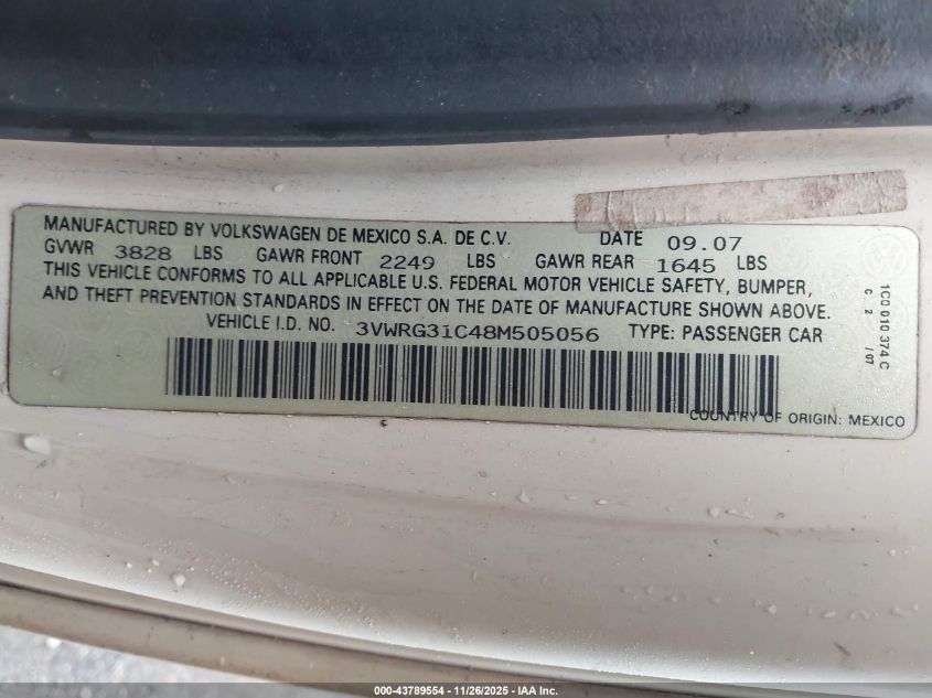 2008 Volkswagen New Beetle S/Se VIN: 3VWRG31C48M505056 Lot: 43789554