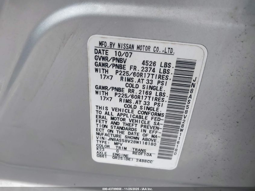 2008 Nissan Rogue Sl VIN: JN8AS58V28W116180 Lot: 43789558