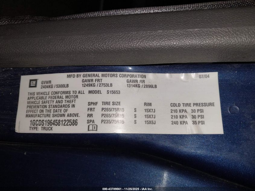 2005 Chevrolet Colorado Ls VIN: 1GCDS196458122586 Lot: 43789561