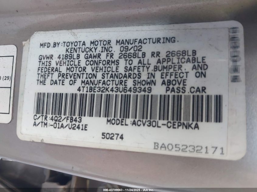 2003 Toyota Camry Le VIN: 4T1BE32K43U649349 Lot: 43789563