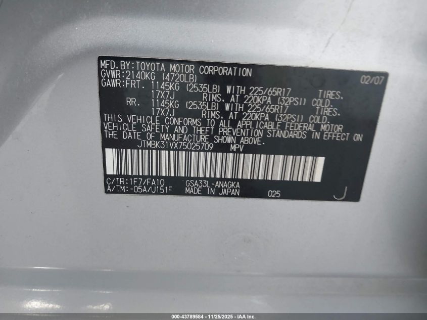 2007 Toyota Rav4 Limited V6 VIN: JTMBK31VX75025709 Lot: 43789584