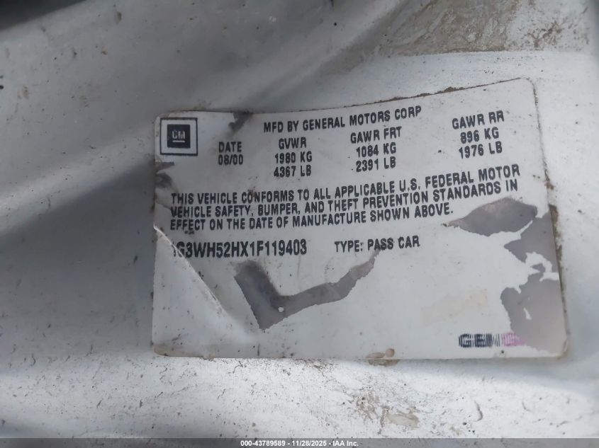 2001 Oldsmobile Intrigue Gx VIN: 1G3WH52HX1F119403 Lot: 43789589