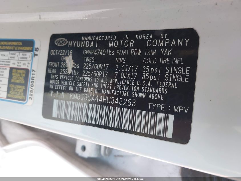 2017 Hyundai Tucson Se VIN: KM8J3CA44HU343263 Lot: 43789591