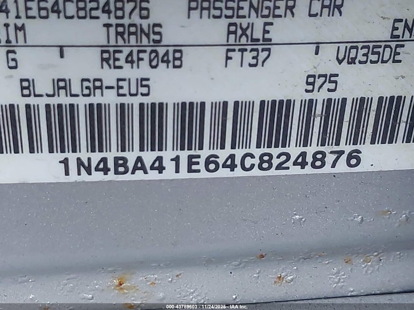 2004 Nissan Maxima 3.5 Sl VIN: 1N4BA41E64C824876 Lot: 43789603