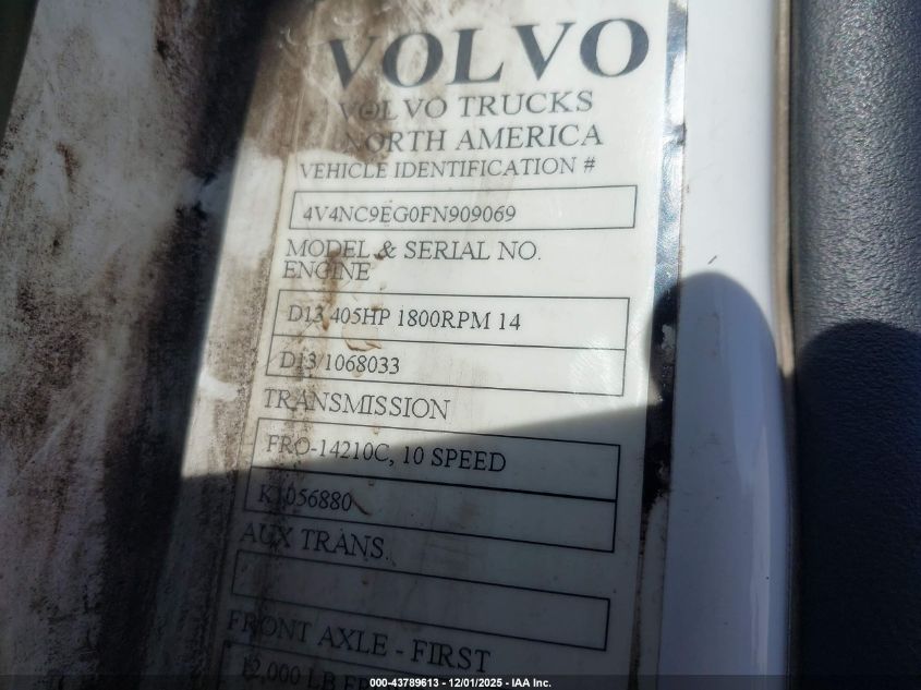 2015 Volvo Vn Vnl VIN: 4V4NC9EG0FN909069 Lot: 43789613