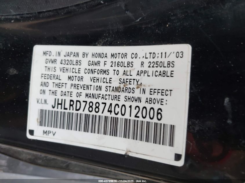 2004 Honda Cr-V Ex VIN: JHLRD78874C012006 Lot: 43789616