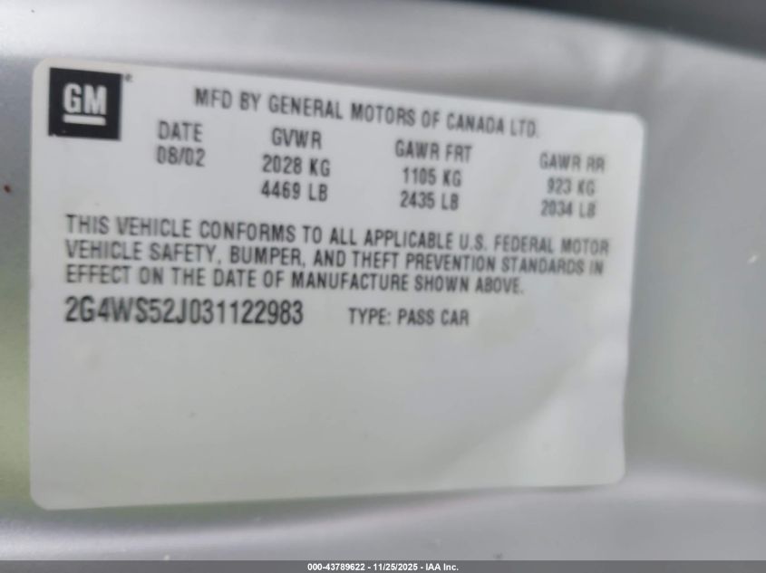 2003 Buick Century Custom VIN: 2G4WS52J031122983 Lot: 43789622