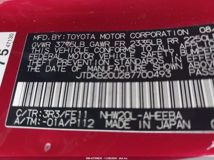 2008 Toyota Prius VIN: JTDKB20U287700493 Lot: 43789630