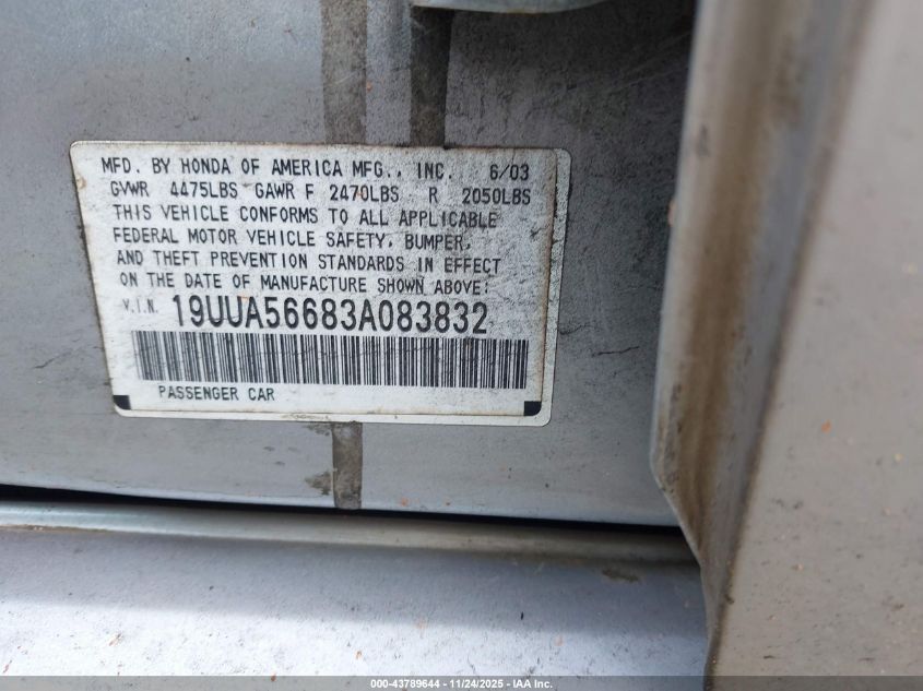 2003 Acura Tl 3.2 VIN: 19UUA56683A083832 Lot: 43789644