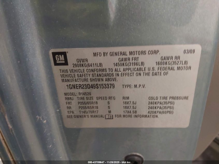 2009 Chevrolet Traverse Lt VIN: 1GNER23D49S153379 Lot: 43789647