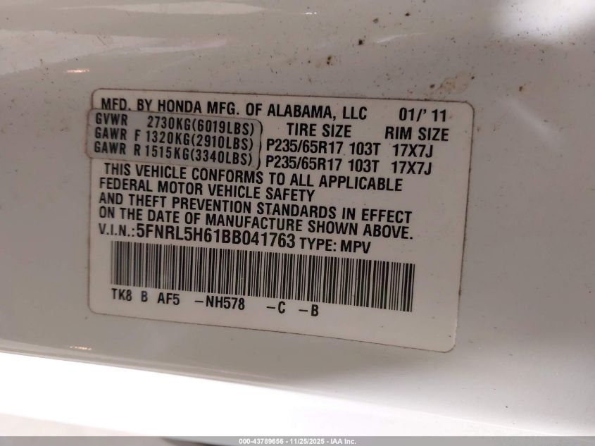 2011 Honda Odyssey Ex-L VIN: 5FNRL5H61BB041763 Lot: 43789656