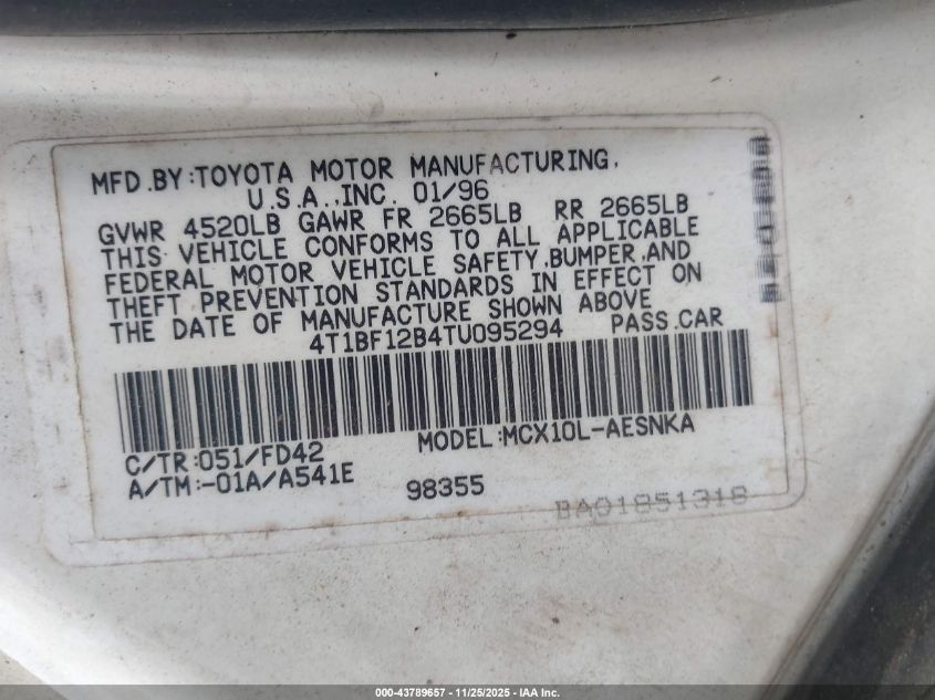 1996 Toyota Avalon Xl/Xls VIN: 4T1BF12B4TU095294 Lot: 43789657