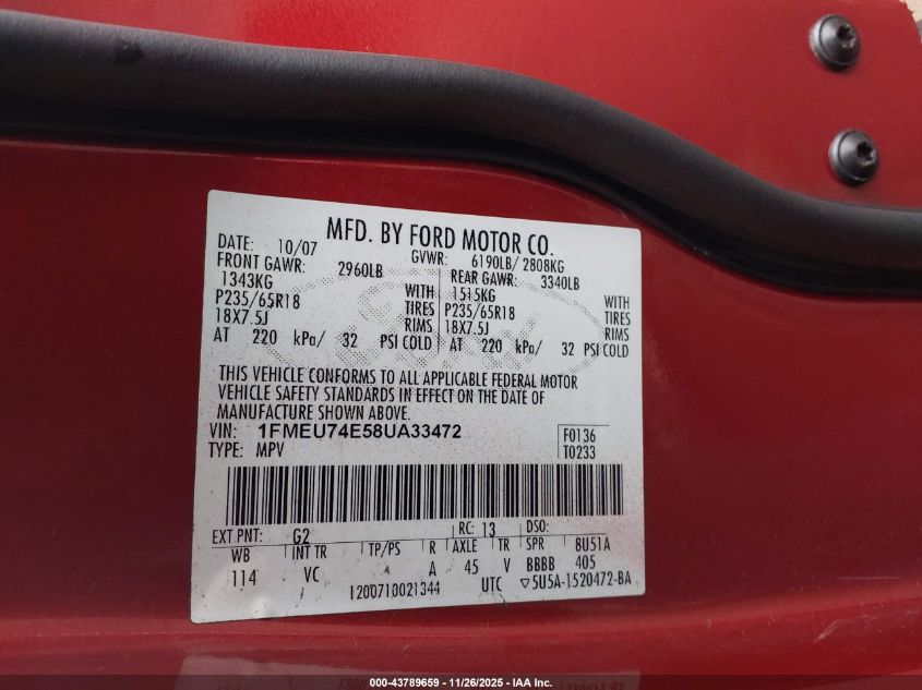 2008 Ford Explorer Eddie Bauer VIN: 1FMEU74E58UA33472 Lot: 43789659