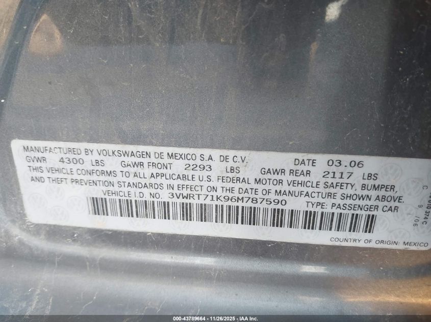 2006 Volkswagen Jetta Tdi VIN: 3VWRT71K96M787590 Lot: 43789664