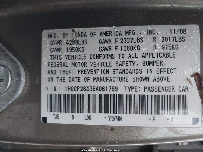 2009 Honda Accord 2.4 Lx-P VIN: 1HGCP26439A061799 Lot: 43789668