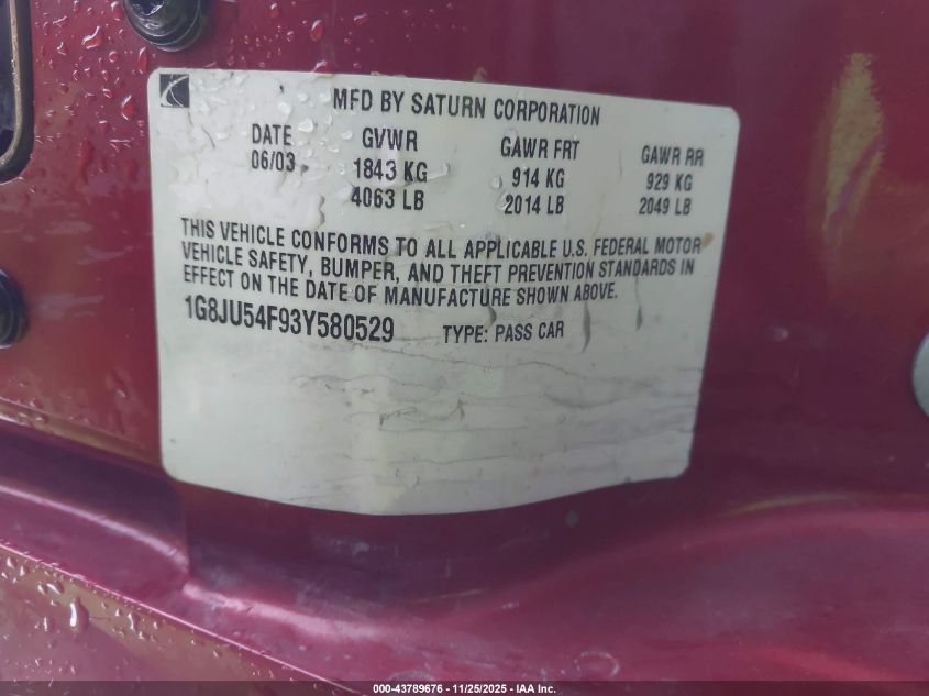 2003 Saturn L-Series L200 VIN: 1G8JU54F93Y580529 Lot: 43789676