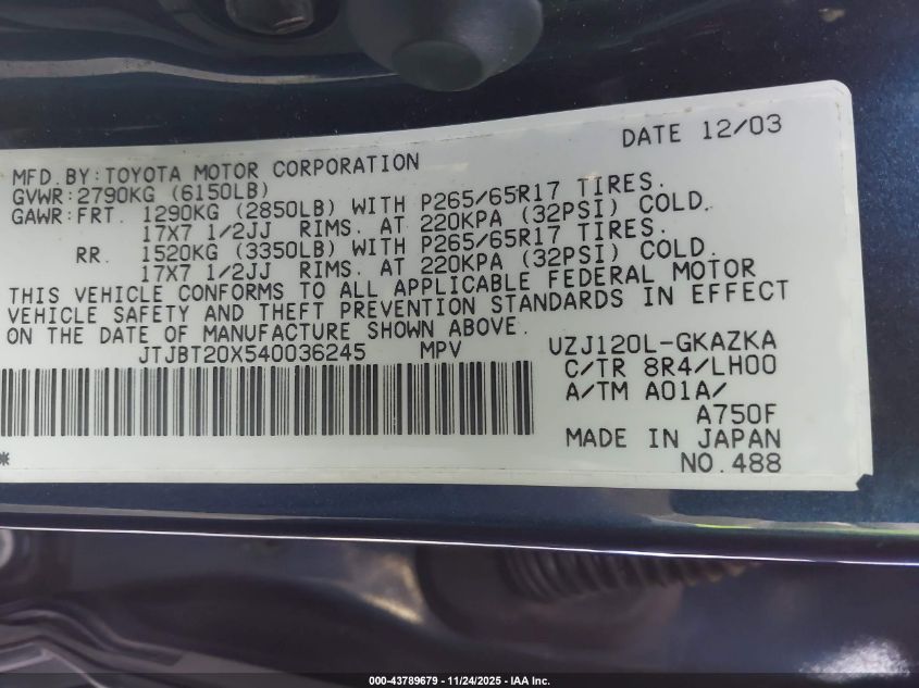 2004 Lexus Gx 470 VIN: JTJBT20X540036245 Lot: 43789679