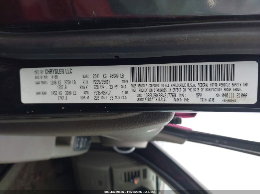 2008 Dodge Nitro Sxt VIN: 1D8GU28K98W217769 Lot: 43789686