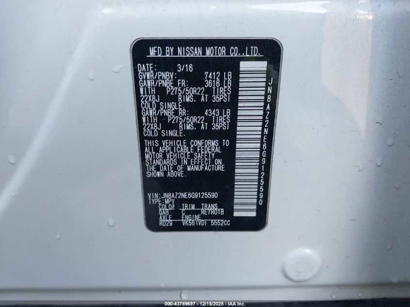 2016 Infiniti Qx80 VIN: JN8AZ2NE6G9125590 Lot: 43789697