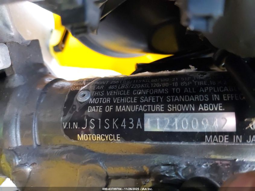 2001 Suzuki Dr-Z400 S VIN: JS1SK43A412100942 Lot: 43789704