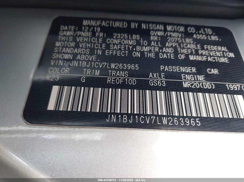 2020 Nissan Rogue Sport S Fwd Xtronic Cvt VIN: JN1BJ1CV7LW263965 Lot: 43789721
