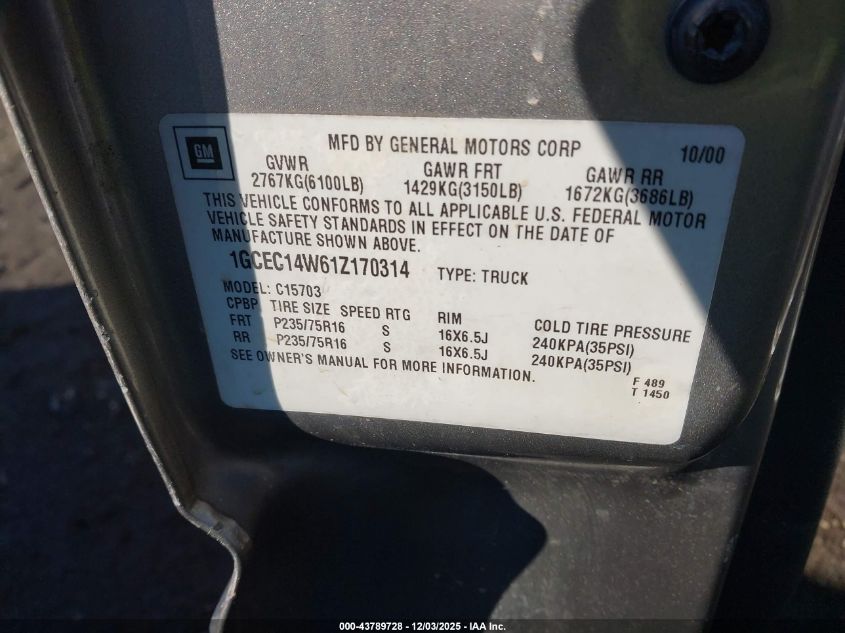 2001 Chevrolet Silverado 1500 VIN: 1GCEC14W61Z170314 Lot: 43789728