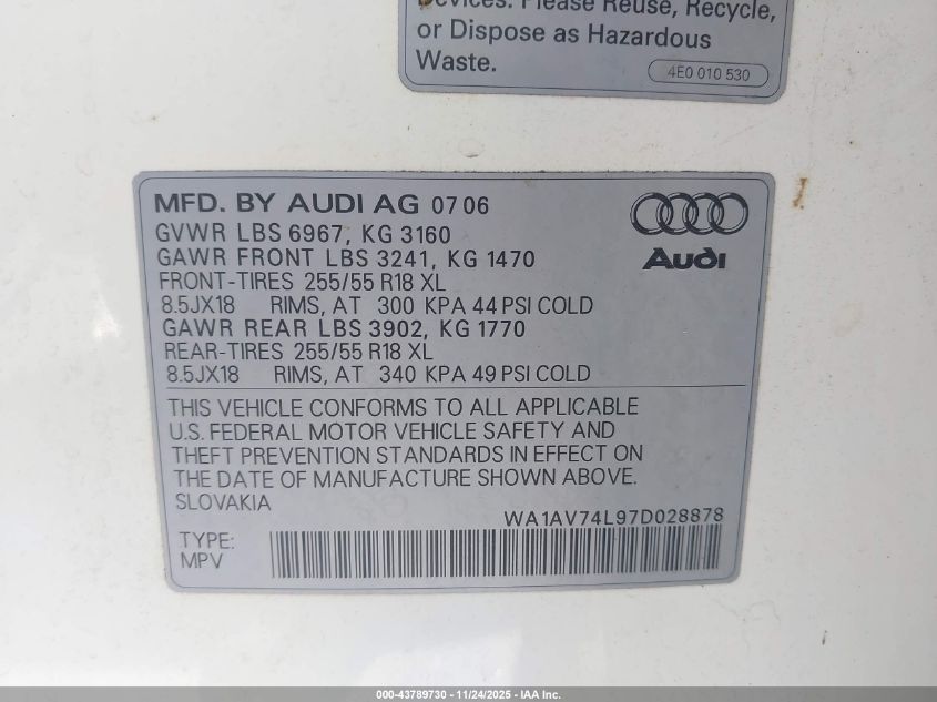 2007 Audi Q7 4.2 VIN: WA1AV74L97D028878 Lot: 43789730