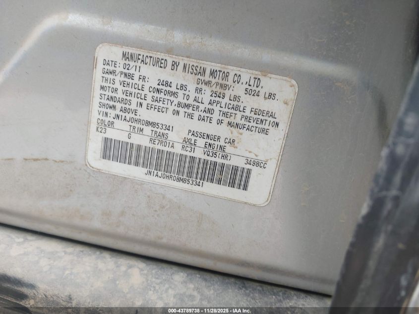 2011 Infiniti Ex35 Journey VIN: JN1AJ0HR0BM853341 Lot: 43789738