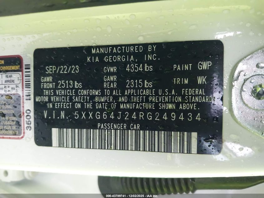 2024 Kia K5 Gt-Line VIN: 5XXG64J24RG249434 Lot: 43789741