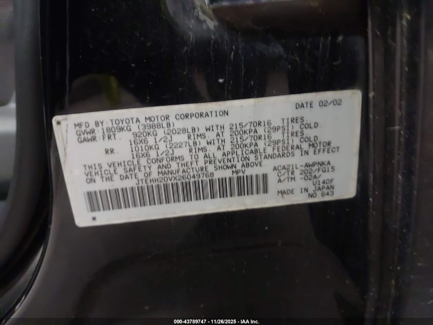 2002 Toyota Rav4 VIN: JTEHH20VX26049768 Lot: 43789747