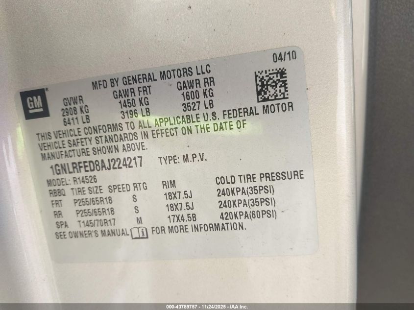 2010 Chevrolet Traverse Lt VIN: 1GNLRFED8AJ224217 Lot: 43789757