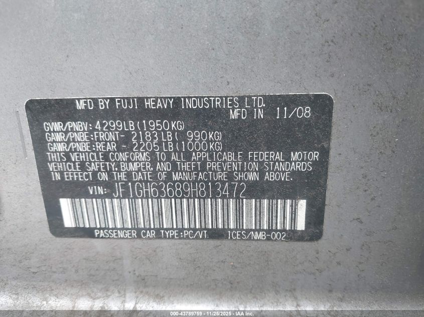 2009 Subaru Impreza Outback Sport VIN: JF1GH63689H813472 Lot: 43789759