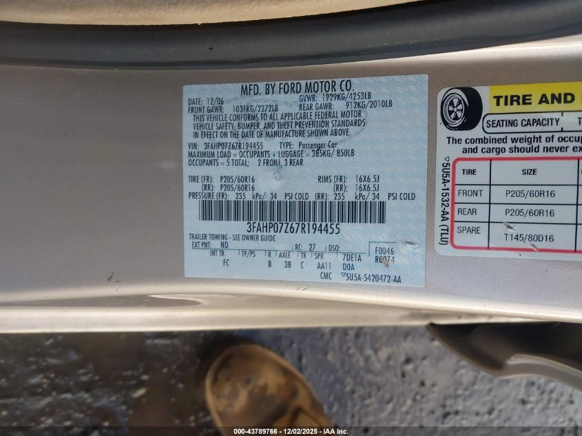 2007 Ford Fusion Se VIN: 3FAHP07Z67R194455 Lot: 43789766