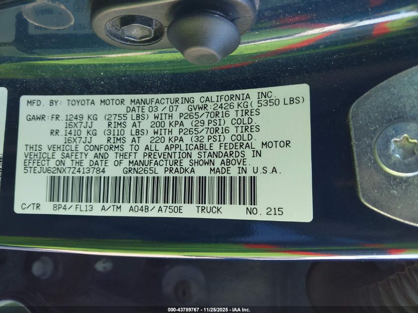 2007 Toyota Tacoma Prerunner V6 VIN: 5TEJU62NX7Z413784 Lot: 43789767