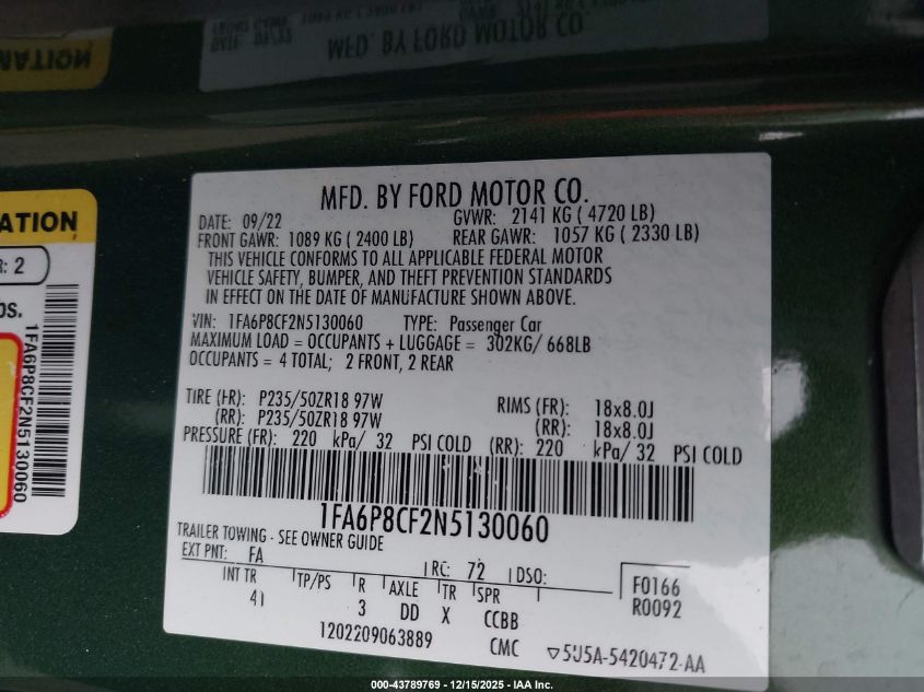 2022 Ford Mustang Gt Premium Fastback VIN: 1FA6P8CF2N5130060 Lot: 43789769