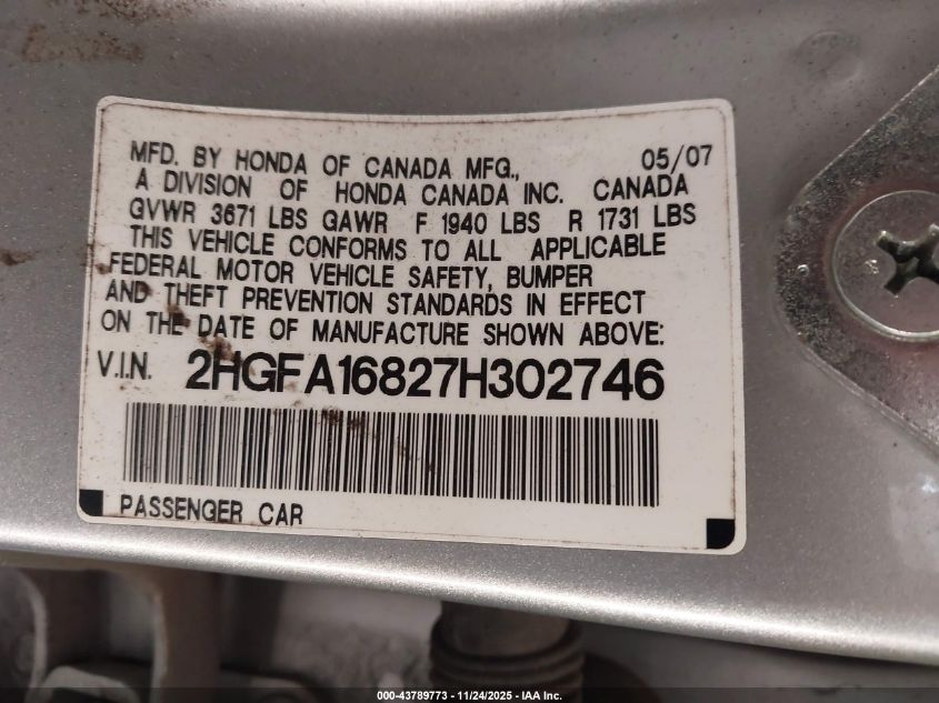 2007 Honda Civic Ex VIN: 2HGFA16827H302746 Lot: 43789773