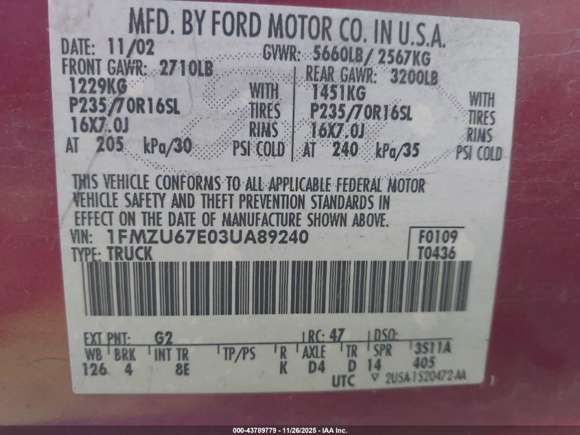 2003 Ford Explorer Sport Trac Xls/Xlt VIN: 1FMZU67E03UA89240 Lot: 43789779