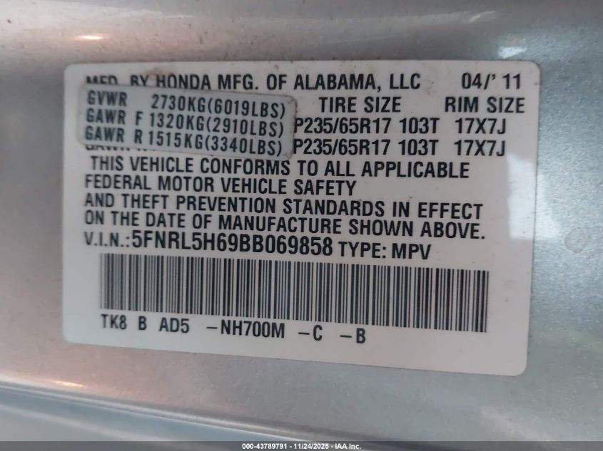 2011 Honda Odyssey Ex-L VIN: 5FNRL5H69BB069858 Lot: 43789791