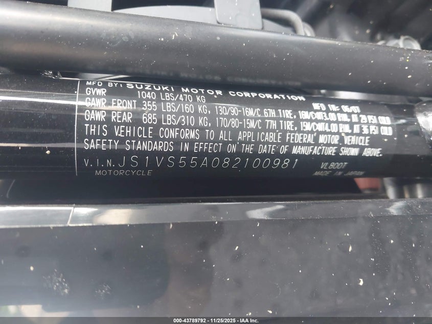 2008 Suzuki Vl800 VIN: JS1VS55A082100981 Lot: 43789792