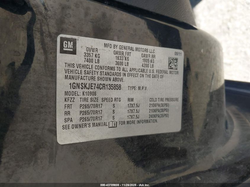 2012 Chevrolet Suburban 1500 Lt VIN: 1GNSKJE74CR135858 Lot: 43789808