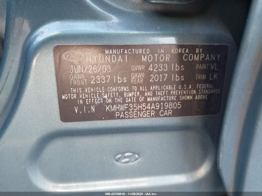 2004 Hyundai Sonata Gls/Lx VIN: KMHWF35H54A919805 Lot: 43789816