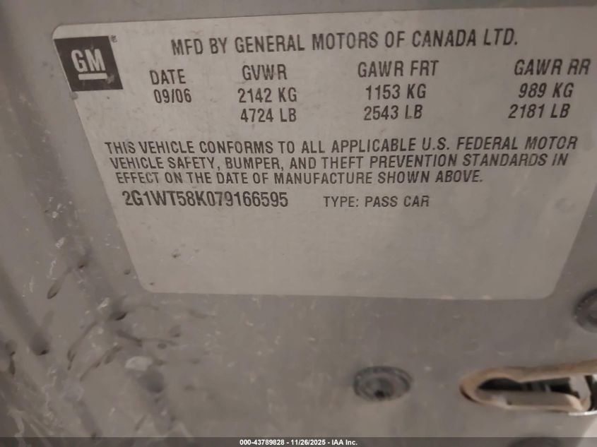 2007 Chevrolet Impala Lt VIN: 2G1WT58K079166595 Lot: 43789828
