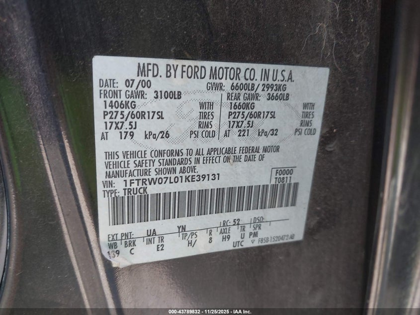 2001 Ford F-150 Harley-Davidson Edition/King Ranch Edition/Lariat/Xlt VIN: 1FTRW07L01KE39131 Lot: 43789832
